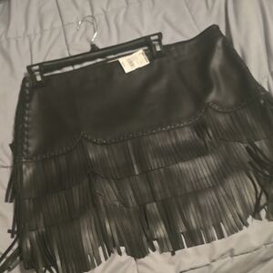 Black Fringe Leather Skirt